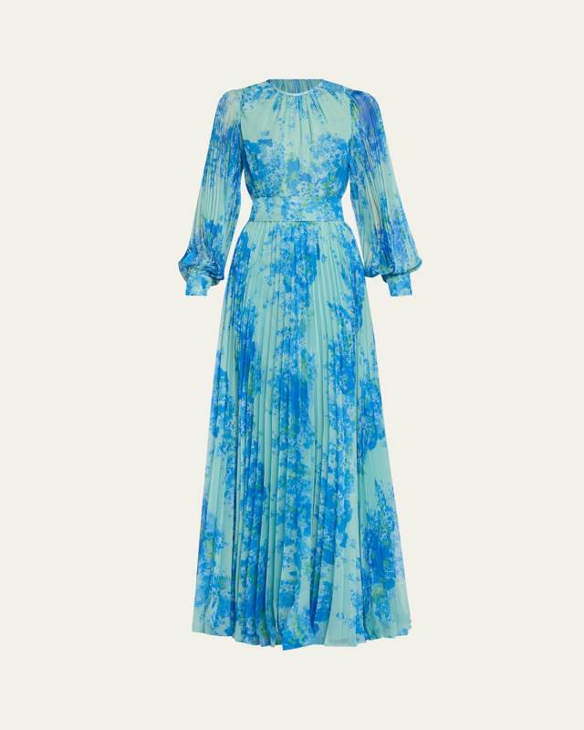 Pleated Floral-Print Blouson-Sleeve Gown